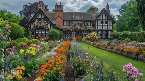 Wallpaper Mural An enchanting Tudor house with timber beams and a vast garden filled with flowers Torontodigital.ca