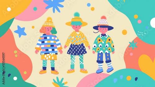 a child wearing playful outfits flat design front view kids' fashion theme animation Triadic Color Scheme photo