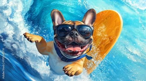 Fun dog surfing on a wave with sunglasses and a surfboard. photo