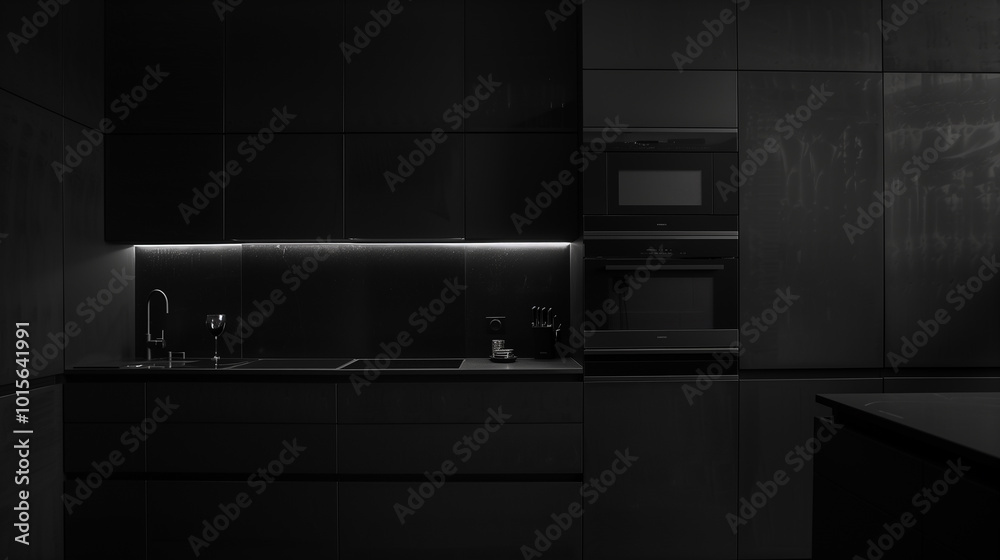 Minimalist black kitchen interior design with matte cabinetry, a built ...