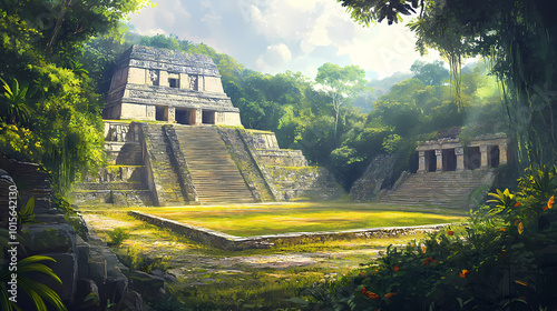 Ancient mesoamerican ball court surrounded by lush jungle foliage and majestic pyramidal structures in the archaeological site of palenque, chiapas, mexico. Mayan Ball Court. Illustration photo