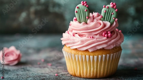 A single cupcake with pink frosting decorated with two green cactus and pink sprinkles.