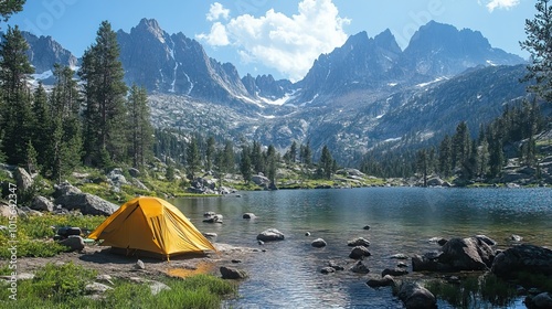 Setting up camp in the wilderness basin, where rugged terrain meets natural beauty.