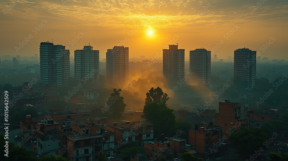Fototapeta premium Severe air pollution engulfs a city, its inhabitants struggling to breathe amidst rising toxicity levels.