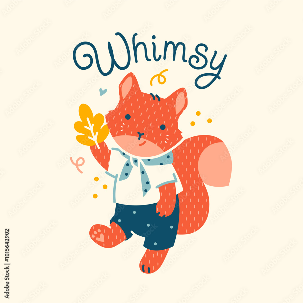 Charming vector print of a cute, whimsical squirrel with fall leave, styled in a playful Scandinavian design. The fun animal baby character brings warmth and the essence of autumn