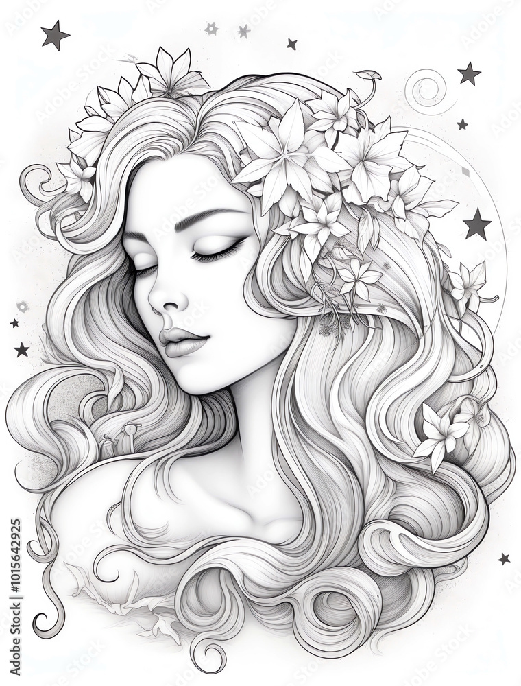 Beautiful coloring page of a woman with long hair, flowers in her head, and stars around her. Beautiful coloring page of a woman with long hair, flowers in her head, and stars around her.