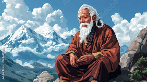 Asian wise old man in the mountains. Tibetan Monastery. Illustration