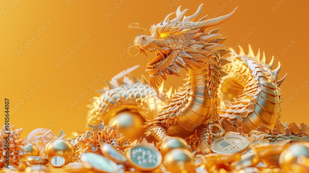 Fototapeta premium a dragon guarding treasure flat design side view mythical wealth theme 3D render Complementary Color Scheme