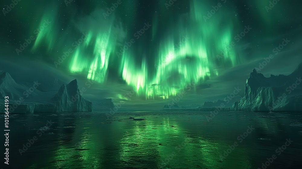Obraz premium The aurora borealis lights up the sky over a glacier, highlighting the stunning natural phenomena at risk from global warming and environmental changes.