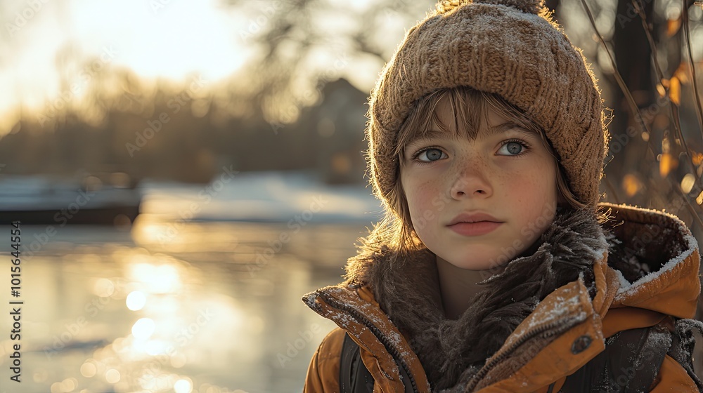 The boy thoughtfully stares across the frozen lake, pondering the warming and fragility of our planet. The boy thoughtfully stares across the frozen lake, pondering the warming and fragility of our planet.