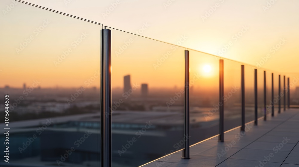 This modern balcony features a sleek glass railing framed by polished metal posts, offering a stunning view of a city skyline at sunset, with warm reflections on the glass This modern balcony features a sleek glass railing framed by polished metal posts, offering a stunning view of a city skyline at sunset, with warm reflections on the glass