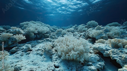 The bleached coral reef lies lifeless beneath the sea, a tragic result of rising ocean temperatures and the effects of climate change.