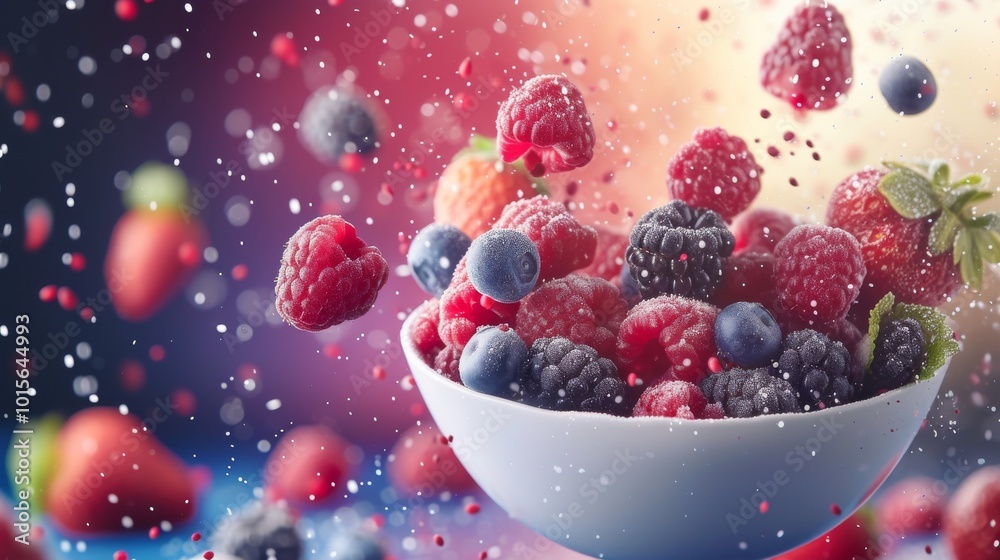 A frozen mix of strawberries, blueberries, raspberries, and blackberries is presented in a white bowl, floating in mid-air with sugar crystals falling around. The cool, frosty vibe makes this A frozen mix of strawberries, blueberries, raspberries, and blackberries is presented in a white bowl, floating in mid-air with sugar crystals falling around. The cool, frosty vibe makes this