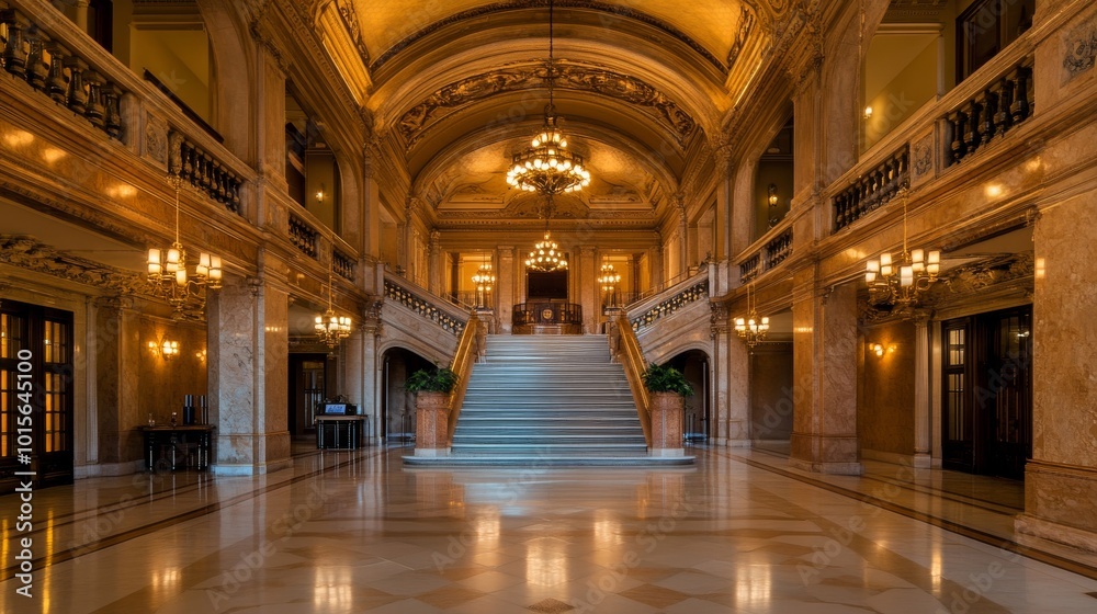 The grand marble staircase ascends toward a massive archway adorned with ornate carvings, bathed in soft golden light, evoking timeless elegance and grandeur