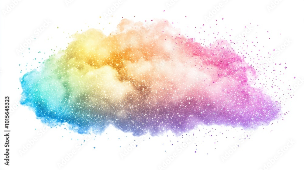 Dreamy, sparkly rainbow cloud with vibrant colors and glittery accents, isolated on white