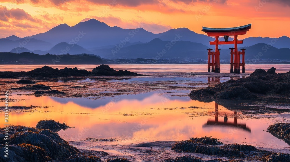 A traditional Japanese Torii gate stands in the water at sunset, with mountains in the background. The gate is reflected in the calm water, creating a symmetrical image. A traditional Japanese Torii gate stands in the water at sunset, with mountains in the background. The gate is reflected in the calm water, creating a symmetrical image.