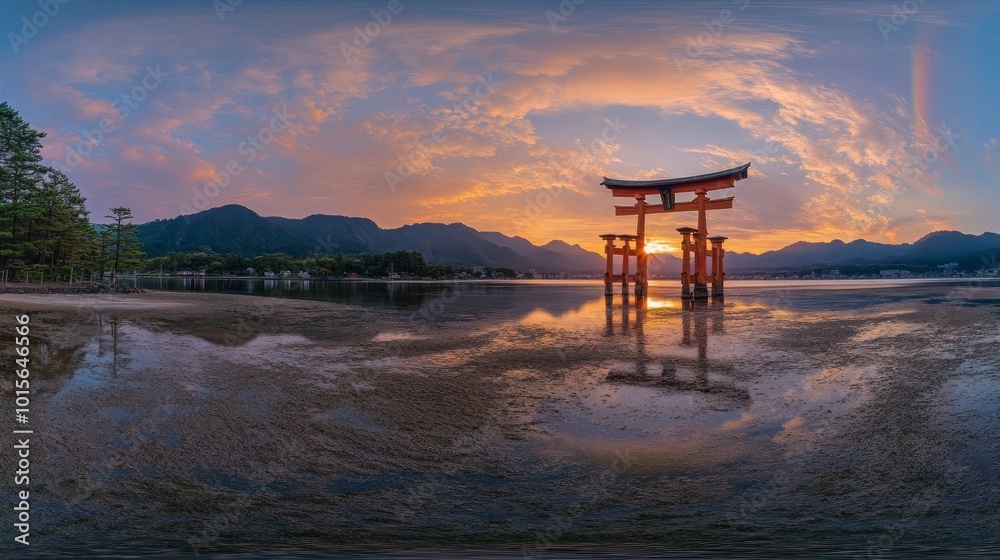 A traditional Japanese Torii gate stands in the water at sunset, with mountains in the background and a reflection of the gate in the water. A traditional Japanese Torii gate stands in the water at sunset, with mountains in the background and a reflection of the gate in the water.