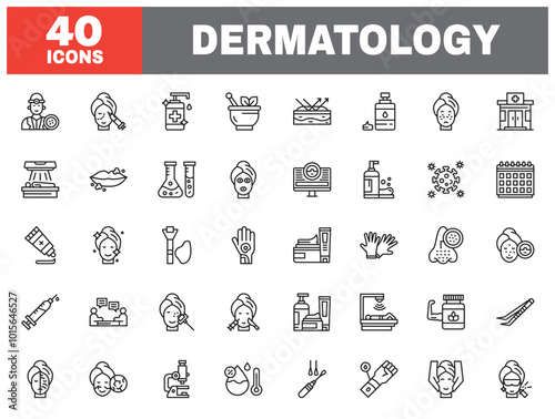 Set of 40 line icons dermatology. Outline icon collection. Editable stroke. Vector illustration.