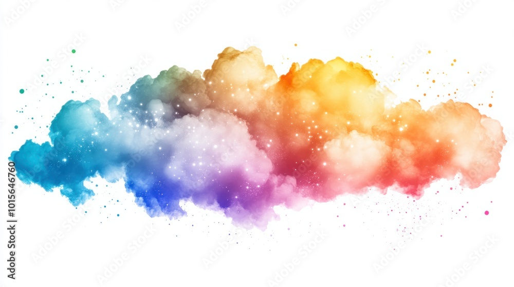 Colorful rainbow cloud with sparkling highlights, floating on a white background Colorful rainbow cloud with sparkling highlights, floating on a white background