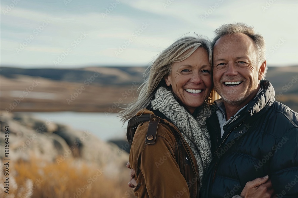 Portrait of a happy senior couple embracing and looking at camera while standing outdoors Portrait of a happy senior couple embracing and looking at camera while standing outdoors