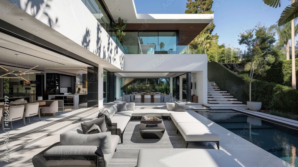 Obraz premium A luxurious modern mansion with a seamless blend of indoor and outdoor spaces