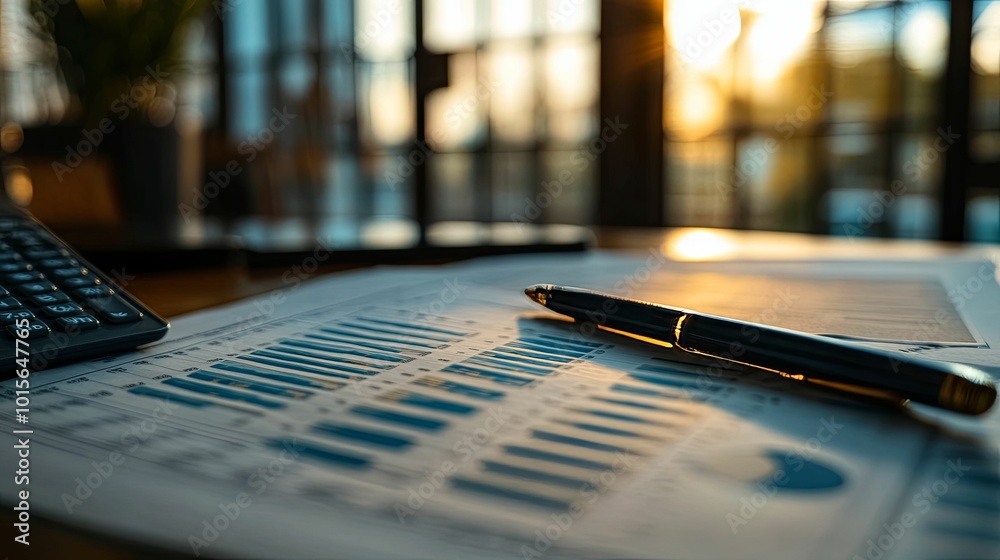 Close-up of a Pen and Calculator on a Desk with Charts and Graphs Close-up of a Pen and Calculator on a Desk with Charts and Graphs