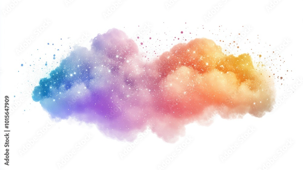 Fototapeta premium Fluffy rainbow cloud with sparkling, glittering details, isolated on a white background
