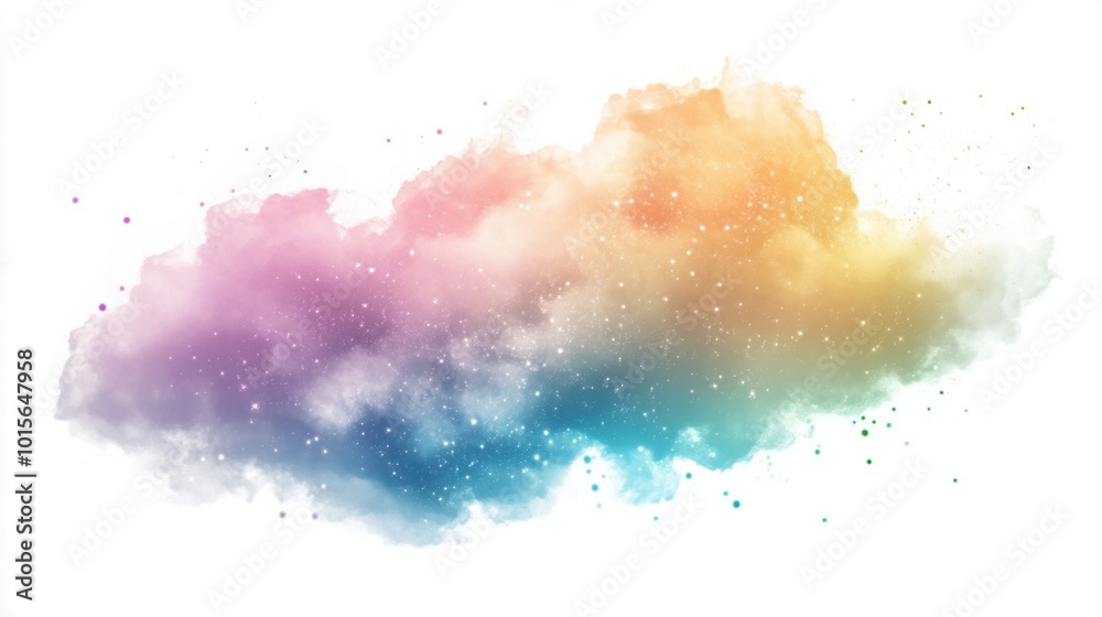 Fototapeta premium Fluffy rainbow cloud with sparkles and a dreamy, magical vibe, isolated on white