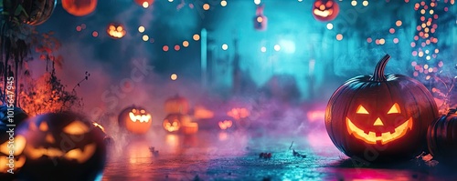 Wallpaper Mural Spooky Halloween scene with glowing pumpkins, colorful lights, and mist, creating an enchanting atmosphere of festivity. Torontodigital.ca