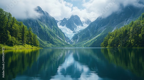 Towering rocky mountains surround a shimmering alpine lake, framed by glaciers and lush greenery.