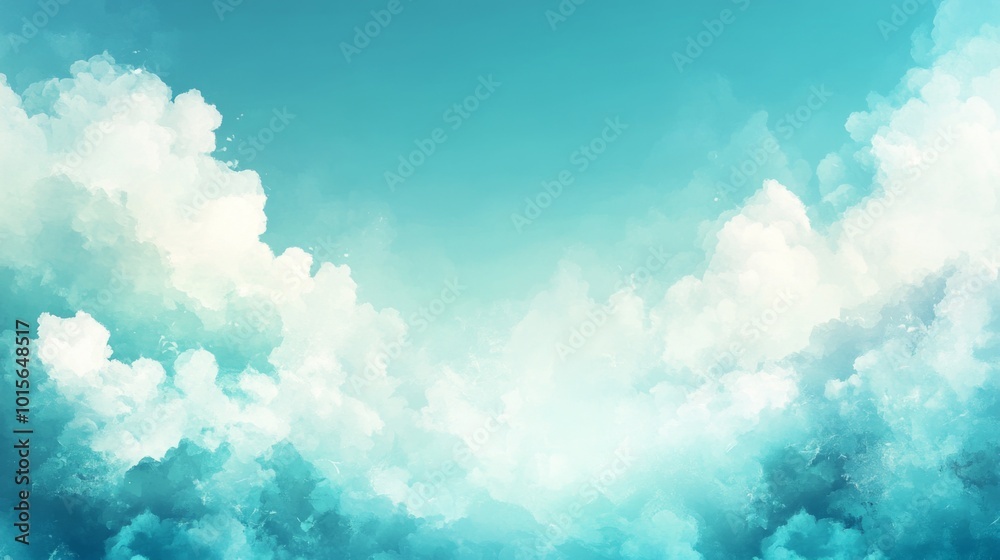 Abstract Watercolor Painting of Blue Sky and White Clouds