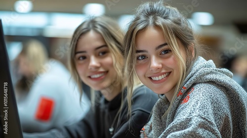 Two female university students sitting at desks in a technology classroom, engaged in learning and collaboration.