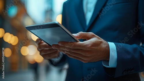 Man in Suit Using a Tablet with Bokeh Lights in the Background