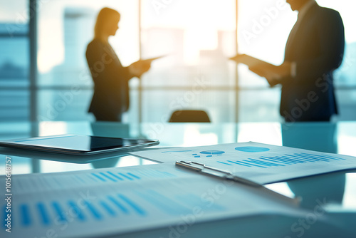 Business documents and tablet on a conference table with professionals discussing reports in the background.