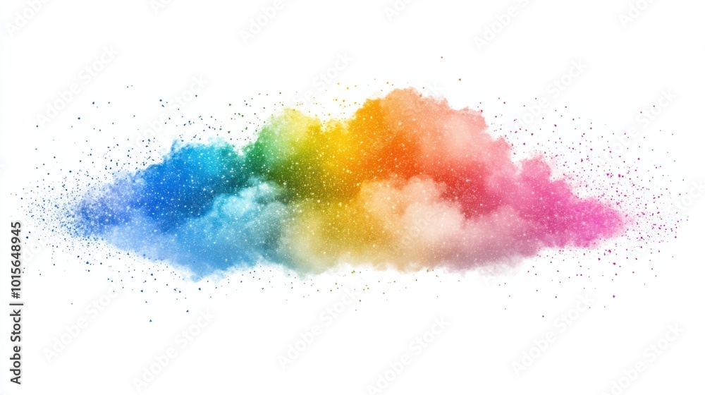 Shimmering rainbow cloud with glittery sparkles, isolated on a white background