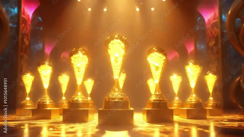 A row of golden trophies with spotlights on a stage. A row of golden trophies with spotlights on a stage.
