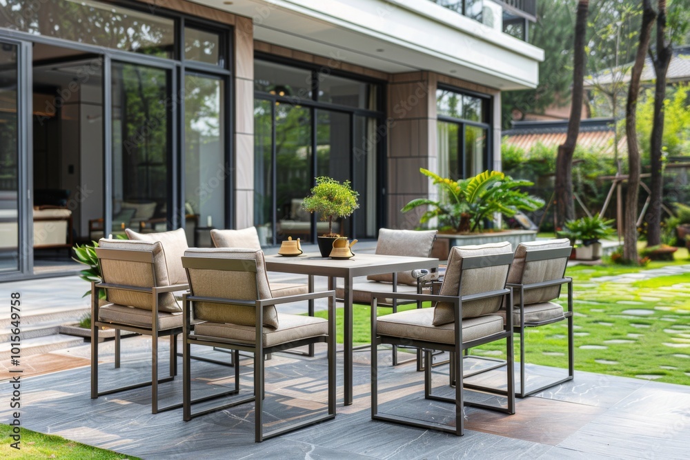 Obraz premium Elegant 5-Piece Patio High Top Dining Set with Swiveling Chairs and Square Glass Table for Backyard