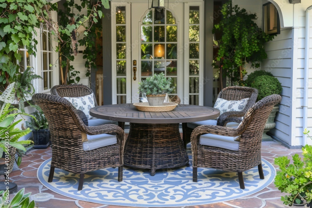 Fototapeta premium Dark Brown Wicker Outdoor Dining Set with Circular Table on Light Blue Patterned Rug