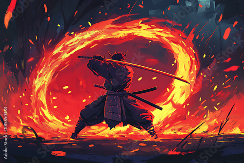 A warrior stands amidst swirling flames, wielding a sword in a dynamic pose. photo