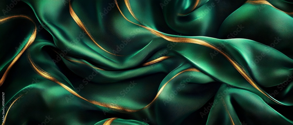 Fototapeta premium A digital art piece of green silk fabric with golden lines, in an elegant and luxurious style, focusing on the texture and flow of fabrics against a dark background. 