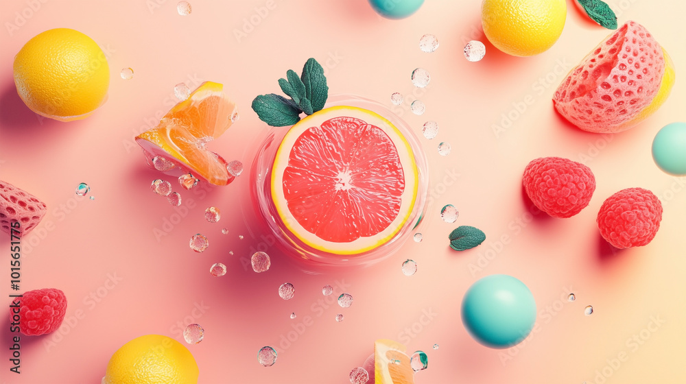 A pink grapefruit is on a table with other fruits A pink grapefruit is on a table with other fruits