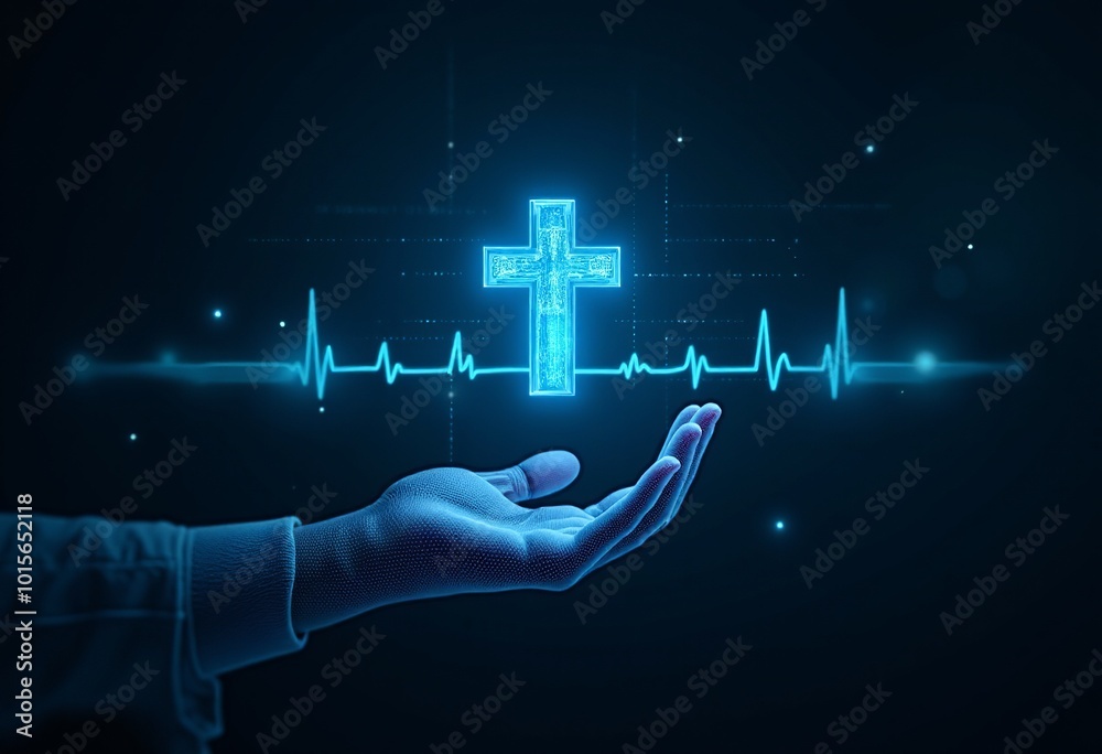 Glowing Blue Digital Hand Concept: Holding a Virtual Medical Cross in a ...