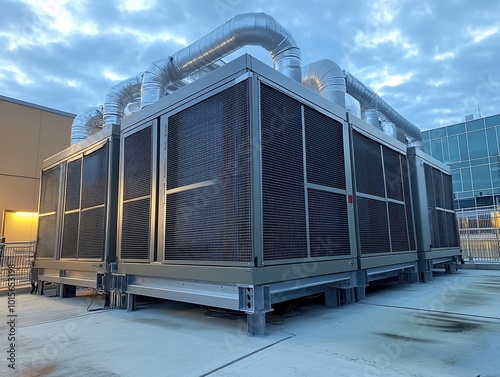 Industrial cooling units on a rooftop.