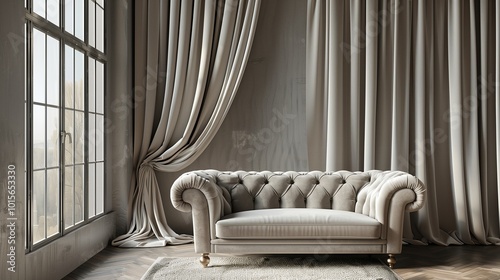 A chic minimalist room with a velvet sofa and elegant curtains covering the windows