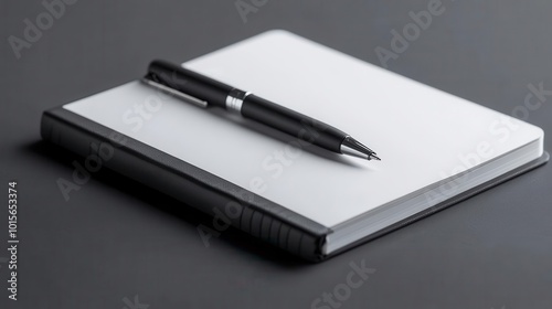 Closeup of notebook mockup with crisp blank pages and a pen placed across, sharp lighting, ultrarealistic textures of paper and sleek pen design