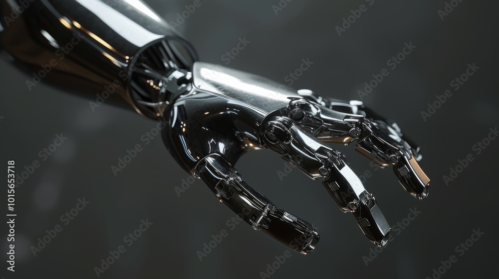 A glossy chrome robotic hand with intricate mechanical details, extended as if reaching out. The smooth, reflective surface highlights the advanced technology and futuristic aesthetic, making it A glossy chrome robotic hand with intricate mechanical details, extended as if reaching out. The smooth, reflective surface highlights the advanced technology and futuristic aesthetic, making it