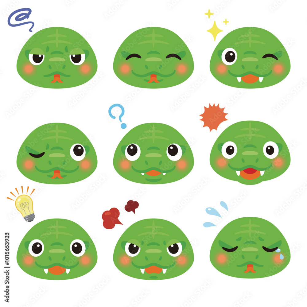 Obraz premium 緑色の蛇のキャラクター 表情 顔のみ1