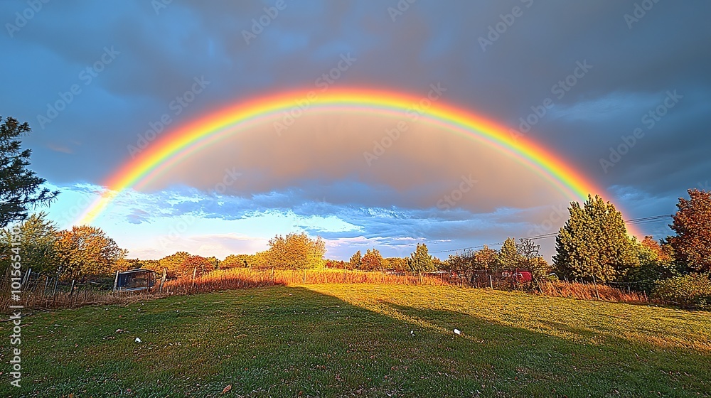 Naklejka premium After the storm, a vivid rainbow arches across the sky, a moment of beauty after nature’s fury.
