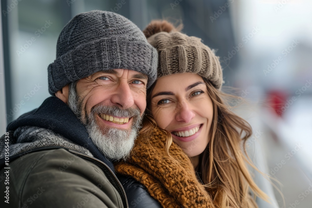 Close up portrait of a happy couple in winter clothes embracing each other outdoors Close up portrait of a happy couple in winter clothes embracing each other outdoors
