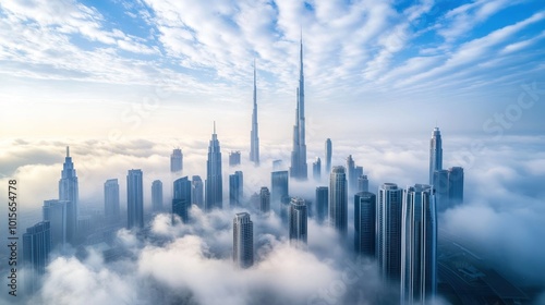 Dubai Skyline Piercing Through Clouds